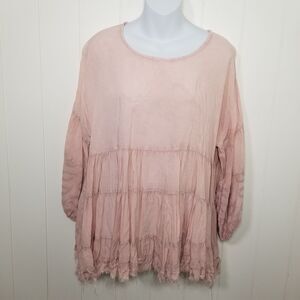 Laffaire Women's Top Pink Ruffled Boho Fairy Hippie Peasant Embroidered Sleeve